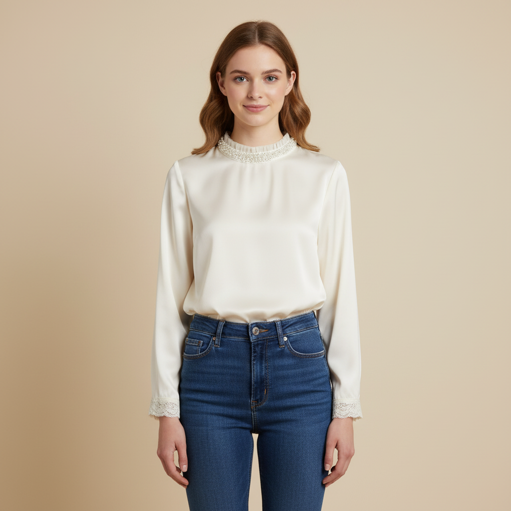 New Chinese-style Pearl Stand Collar Lace Cuff Satin Blouse