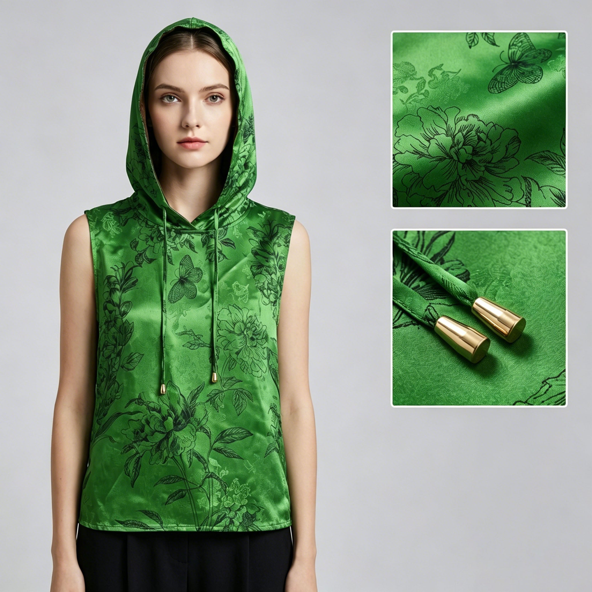 Women's short-sleeve green jacquard top sleeveless with hood
