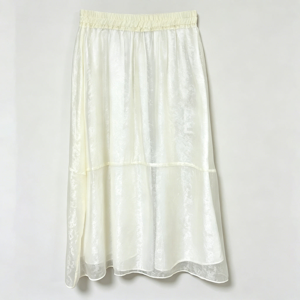 New Chinese-style Women's Off-White Jacquard Satin Skirt Elastic Waist A-Line Midi Skirt