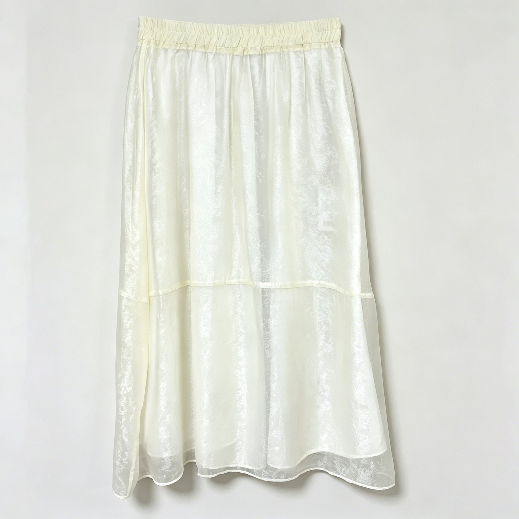 New Chinese-style Women's Off-White Jacquard Satin Skirt Elastic Waist A-Line Midi Skirt