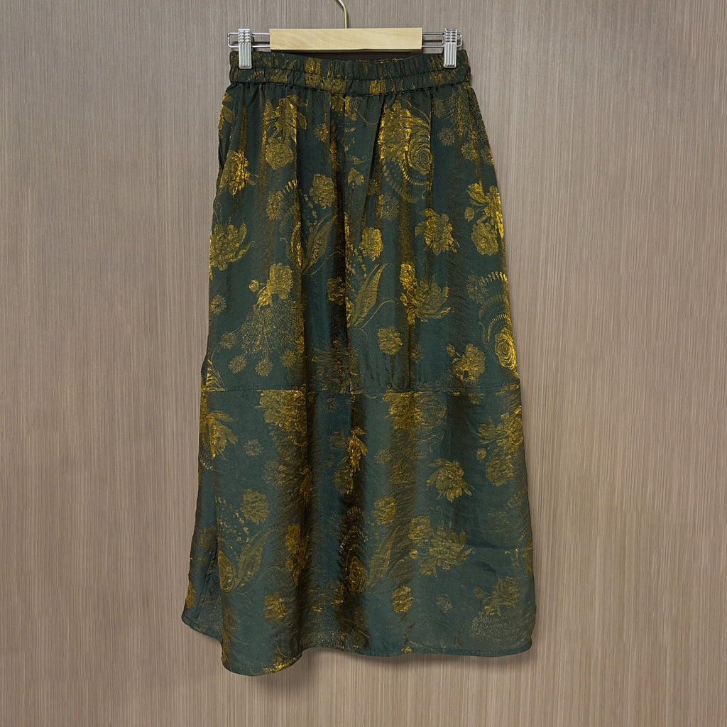 New Chinese-style Green Gold Floral Skirt Elastic Waist Flowy Midi Skirt