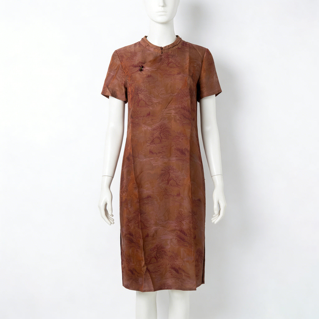 New Chinese-style Xiangyunsha Landscape Cheongsam, Vintage Brown Loose Modified Dress