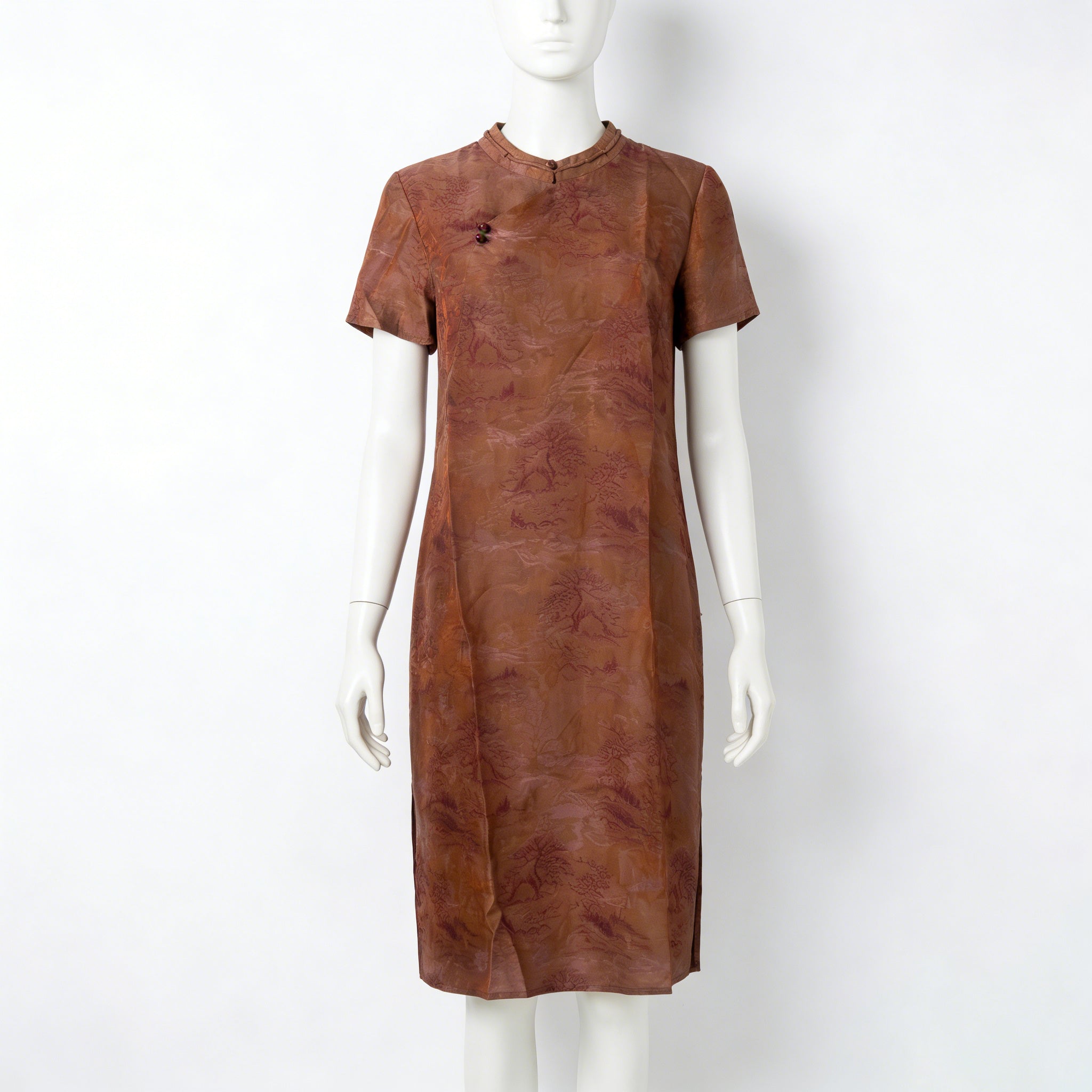 New Chinese-style Xiangyunsha Landscape Cheongsam, Vintage Brown Loose Modified Dress