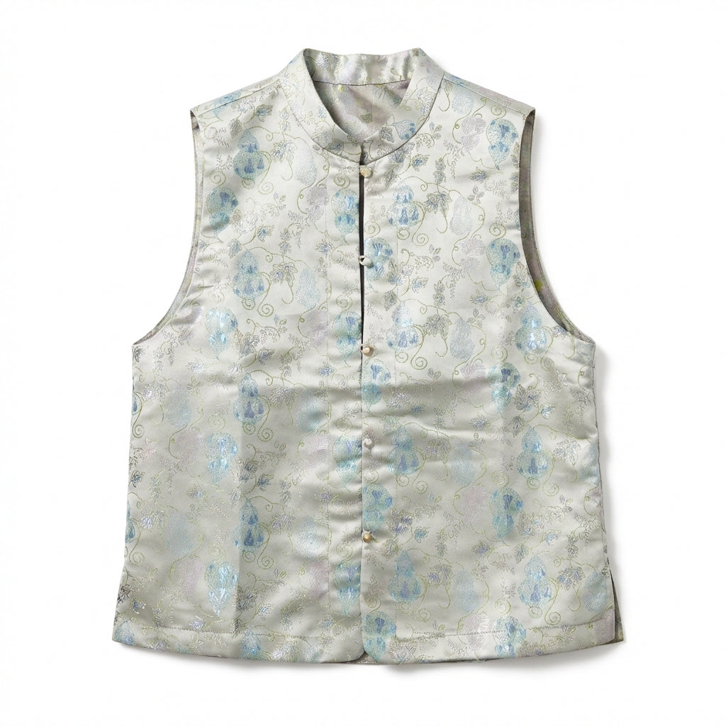 New Chinese Style Gourd Jacquard Stand Collar Vest Chinese Satin Frog Button Sleeveless Gilet