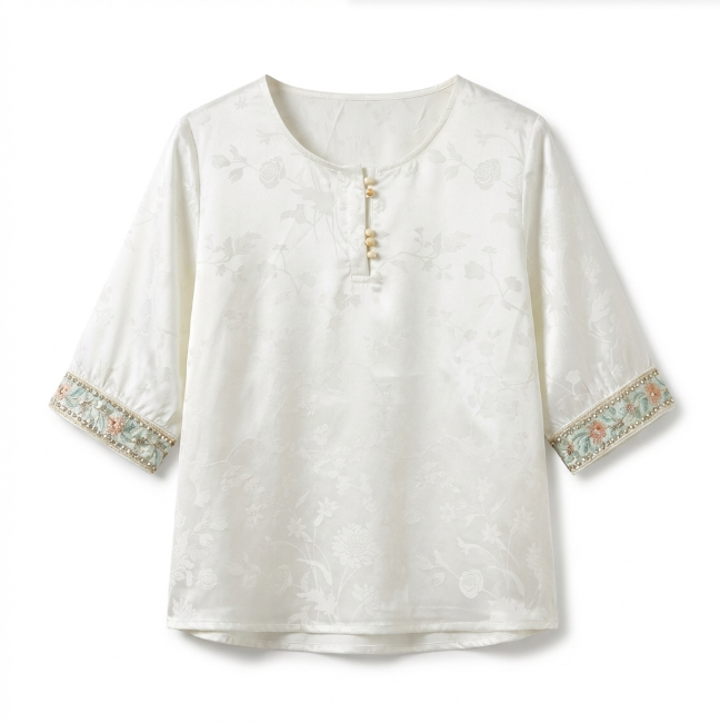 New Chinese-Style White 3/4 Sleeve Round Neck Loose Top