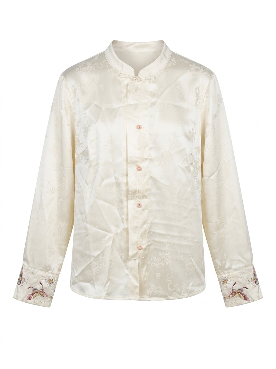 Gentle Apricot Dragon Jacquard Embroidery Shirt, Versatile Chinese Style Commute Top
