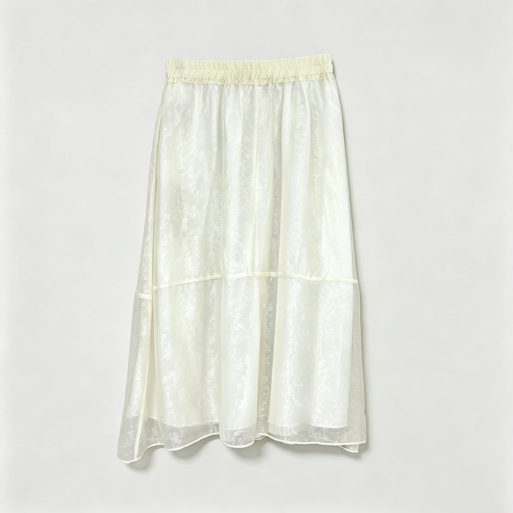 New Chinese-style Women's Off-White Jacquard Satin Skirt Elastic Waist A-Line Midi Skirt